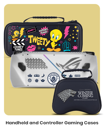 Three gaming console carrying cases: top with Tweety Bird design, middle silver with controller shapes, bottom dark with 'Winter is Coming' text. Cases vary in size and style.