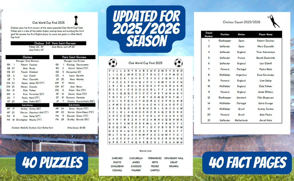 Text reads '2025/2026 SEASON' '40 PUZZLES' '40 FACT PAGES'. Collection of activity sheets and puzzles showing soccer-themed educational materials with word searches and fact pages.