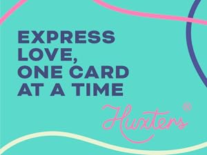 Teal background with text 'Express love, one card at a time' in purple. 'Hurtin' in pink script. Colorful curved lines as decoration.