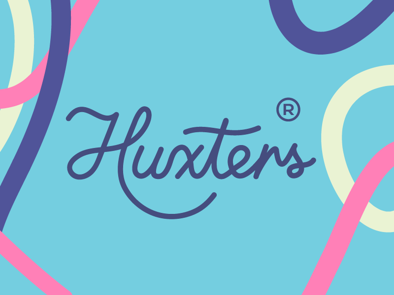 Colorful graphic design featuring the brand name 'Huxters' in cursive blue text on a light blue background with pink and purple curved shapes.