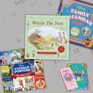Collection of children's books and educational materials spread out, including Winnie the Pooh and other colorful story books.