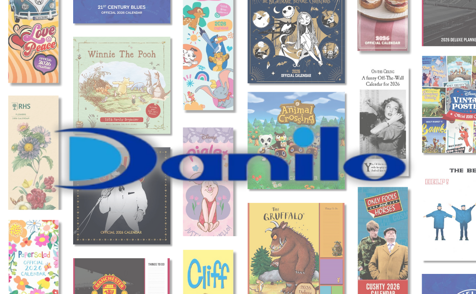 Text reads 'Danilo'. Collection of children's book covers and illustrations arranged in a grid layout, featuring various cartoon and story book designs.