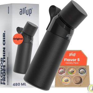 AIR UP® Bottle Original Starter Set incl. pods in 5 flavours, sugar-free I 480ml insulated bottle with flavour, keeps water cold for 14 hours I Black