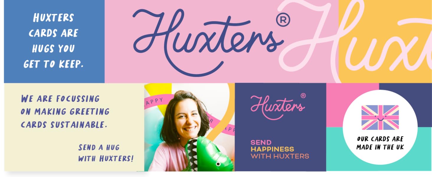 Colorful advertising banner for Huxters greeting cards featuring brand logo, product images, and text emphasizing sustainability and spreading happiness.