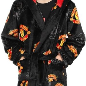 Manchester United Boys Official F.C. Dressing Gown Fleece Hooded Kids Robe