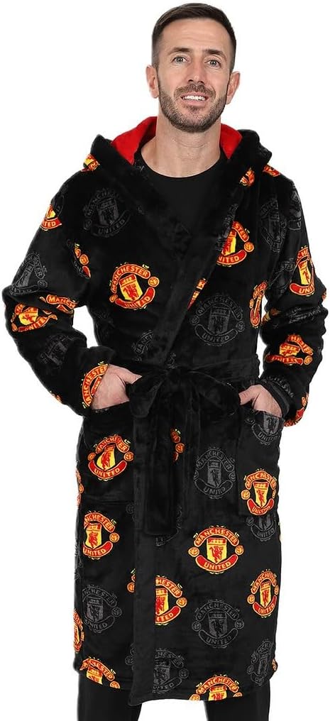 Manchester United Mens Official F.C. Dressing Gown Fleece Hooded Man Utd Robe