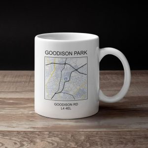 Plumfoolery Goodison Park Map Mug – Everton Football Stadium 11oz Ceramic Coffee Cup – Goodison Road L4 4EL Design – Football Fan Gift (Blue)