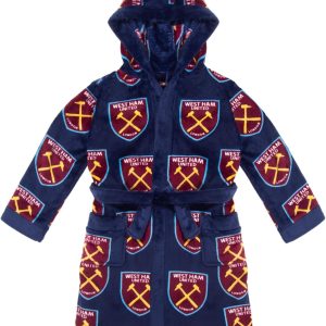 West Ham United FC Boys Dressing Gown Robe Hooded Fleece Kids OFFICIAL Football