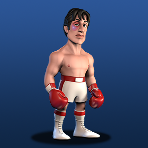 Rocky in boxing gear with a black eye on a blue background