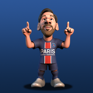 Lionel Messi with his fingers in the air in celebration wearing a PSG kit on a blue background