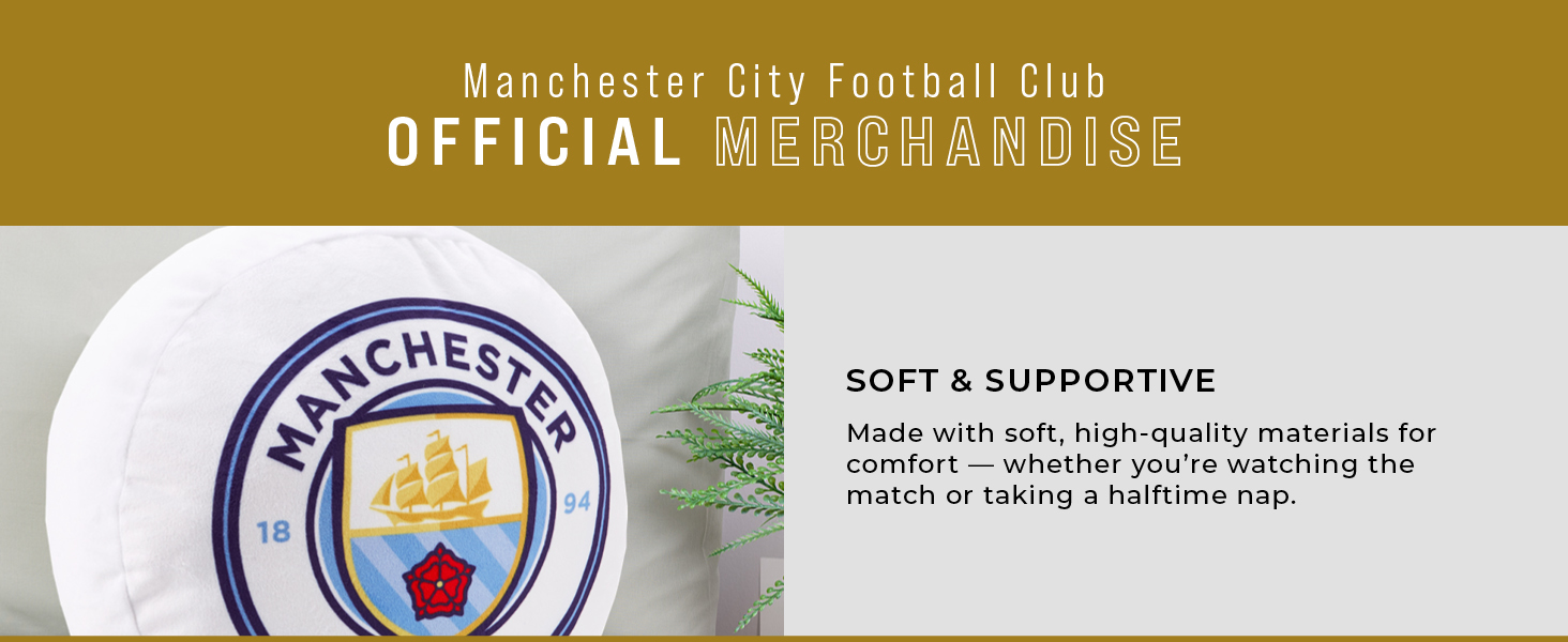Manchester City Football Club official merchandise: a white soccer ball with the club's logo, described as soft and supportive.