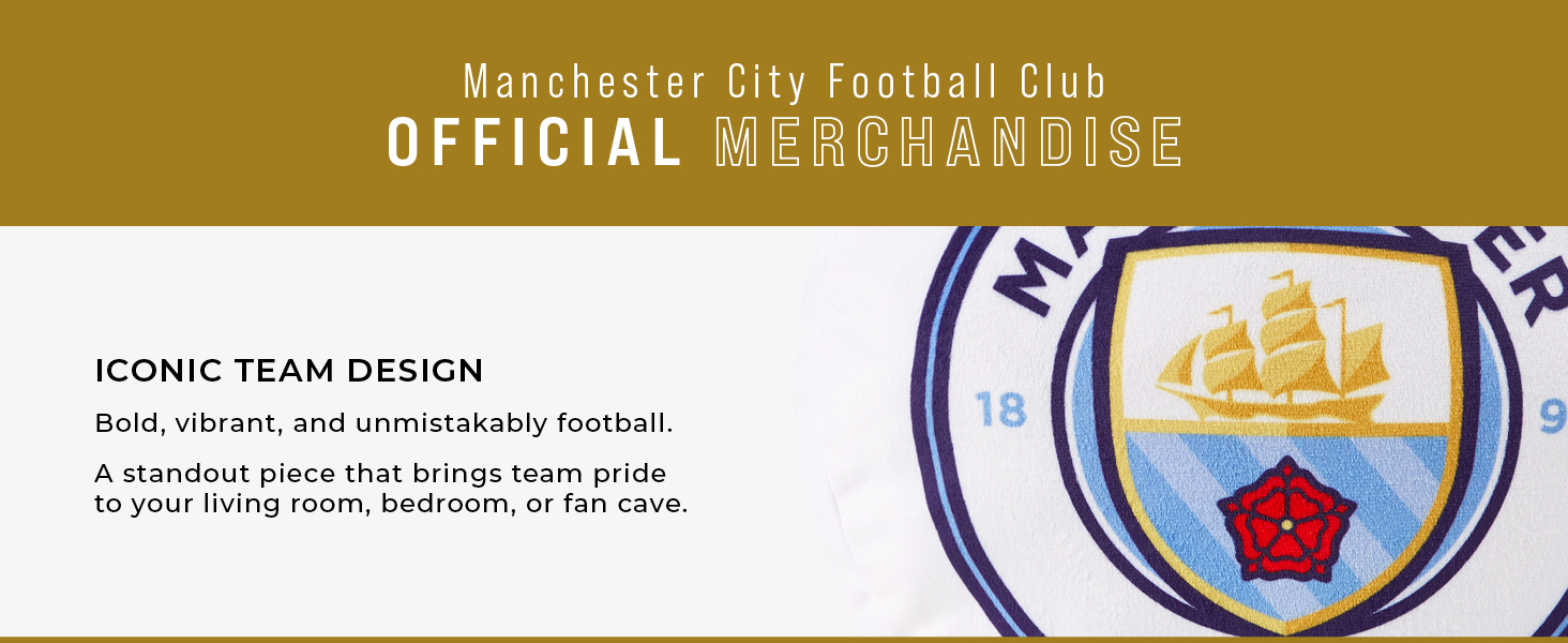 Close-up of Manchester City Football Club's official merchandise logo, featuring a shield with a ship and red rose on a light blue background.