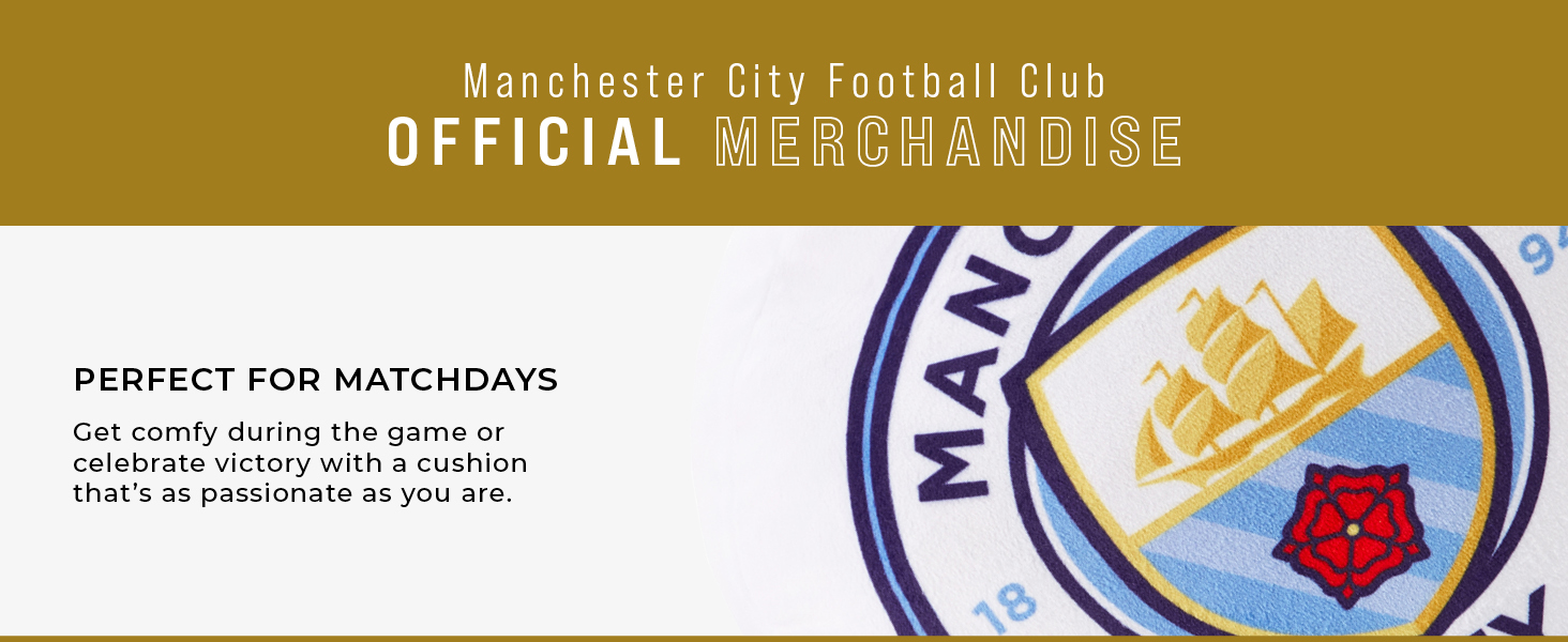 Manchester City Football Club official merchandise featuring a circular logo with a ship and red rose on a blue background.
