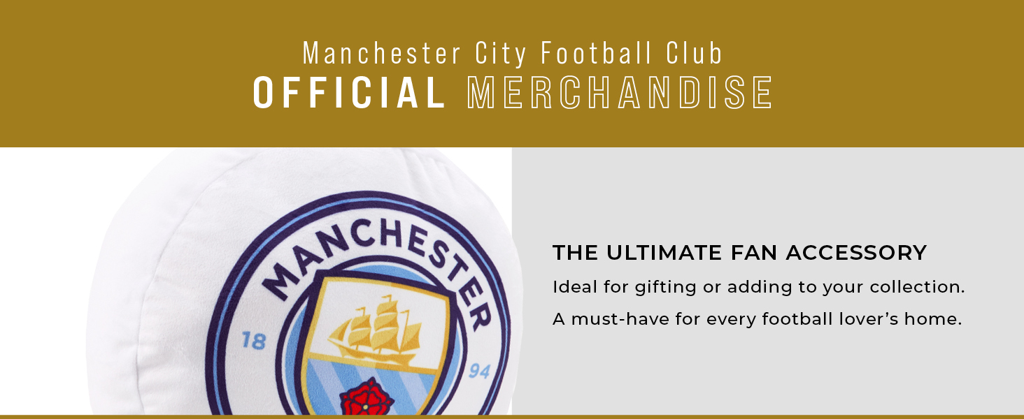 Manchester City Football Club official merchandise banner featuring the club's logo and text describing it as the ultimate fan accessory.