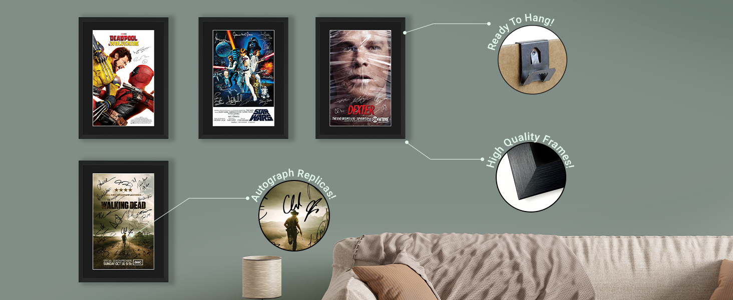 Wall display featuring multiple framed album covers or artwork pieces arranged in a grid pattern above a gray couch.