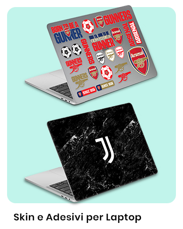 Two laptop skins displayed. Top skin features multiple red and white logos and text. Bottom skin shows a white logo on black marble background.