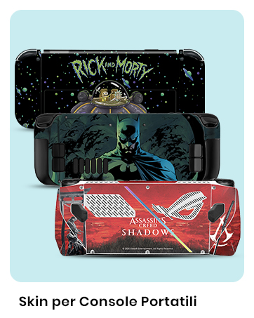 Three decorative skins for portable gaming consoles featuring cartoon, superhero, and anime designs. Text reads 'Skin per Console Portatili'.