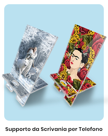 Two decorative phone stands on a blue background. One features a black and white portrait, the other a colorful artistic design.
