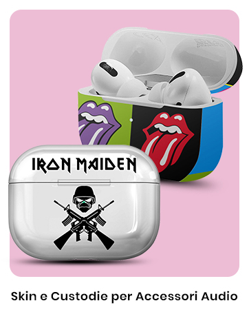 AirPods case skins featuring various rock band logos and designs including Rolling Stones lips and Iron Maiden graphics, displayed on white cases against pink background.