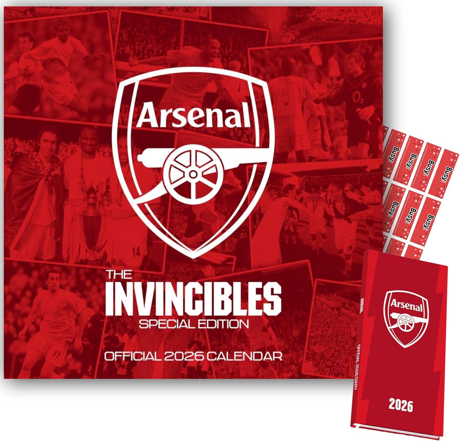 Arsenal Calendar 2026 Legends Square & Slim Arsenal Pocket Diary Gift Bundle with FREE Organising Stickers Included