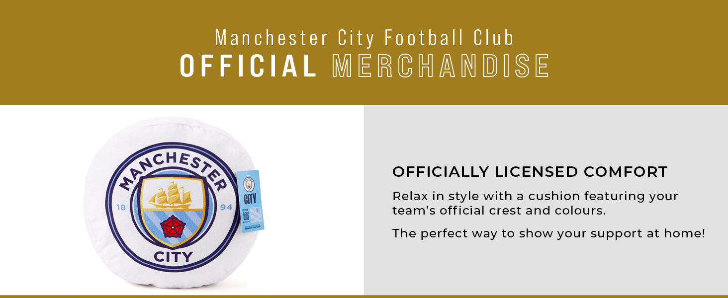 Official Manchester City Football Club merchandise featuring a round cushion with the team's logo. Product is described as officially licensed comfort for showing support at home.