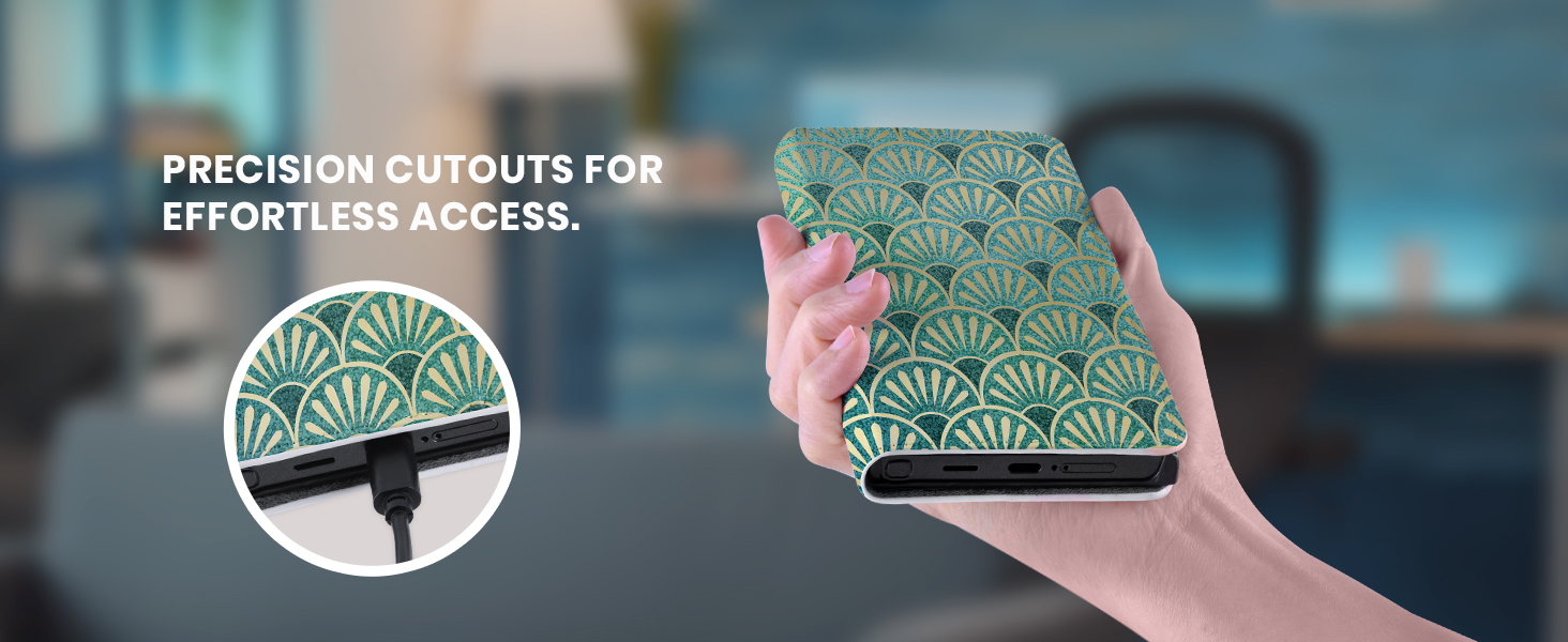 Green and gold patterned phone case with precise cutouts for ports. Hands hold the case, demonstrating its size and design. Inset image shows cutout detail.