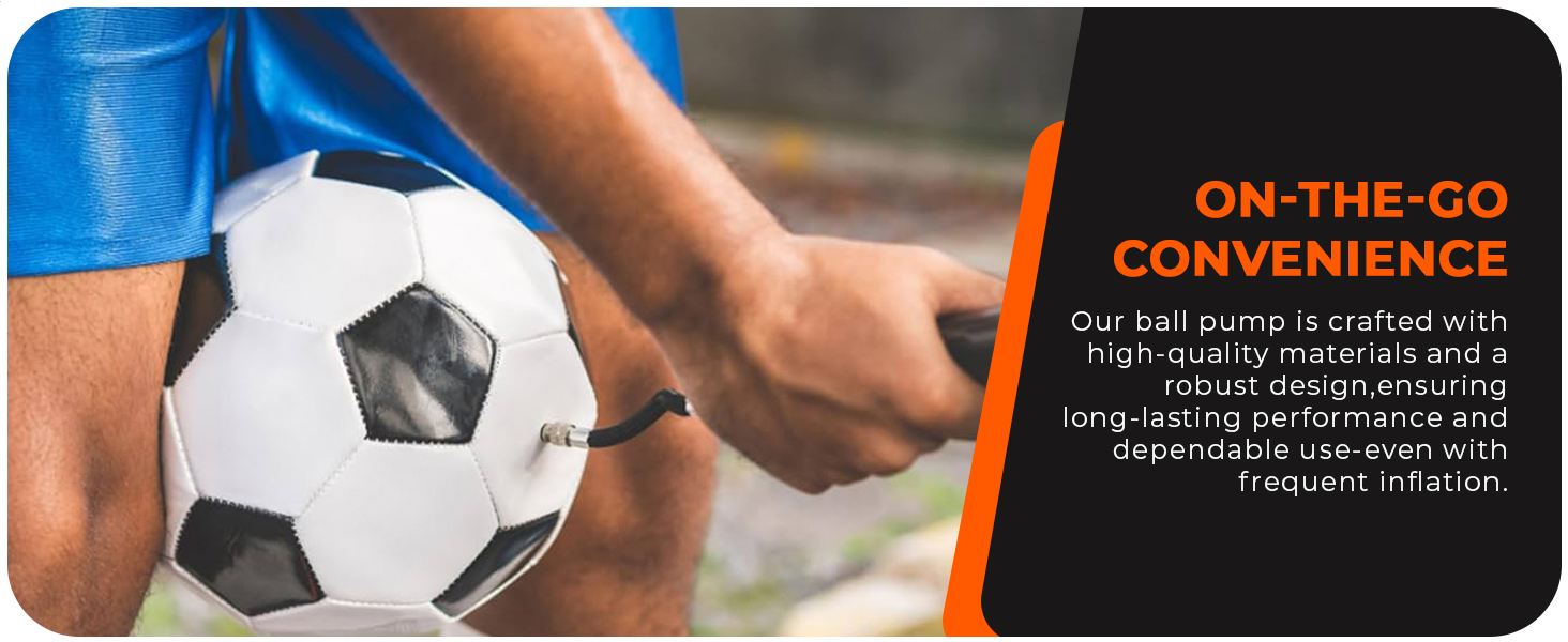 Text reads 'ON-THE-GO CONVENIENCE'. Product demonstration images showing a soccer ball and athletic activities, suggesting portable or mobile usage context.