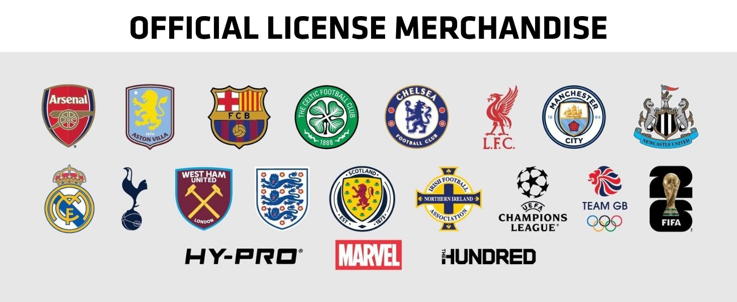 Text reads 'OFFICIAL LICENSE MERCHANDISE' with row of sports team logos including Arsenal, Barcelona, Celtic, Chelsea, Liverpool, Manchester City, Newcastle, Real Madrid, Tottenham, West Ham, England, and others.