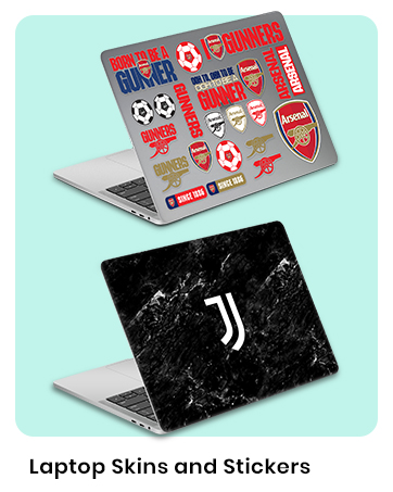 Two laptop skins: one with multiple soccer club logos and emblems, another with a large white 'J' logo on black marble background. Both displayed on stylized laptop mockups.