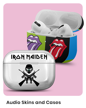 Colorful protective cases for wireless earbuds featuring rock band logos. Visible designs include lips motifs and a skull with crossed rifles. White earbuds visible inside an open case.