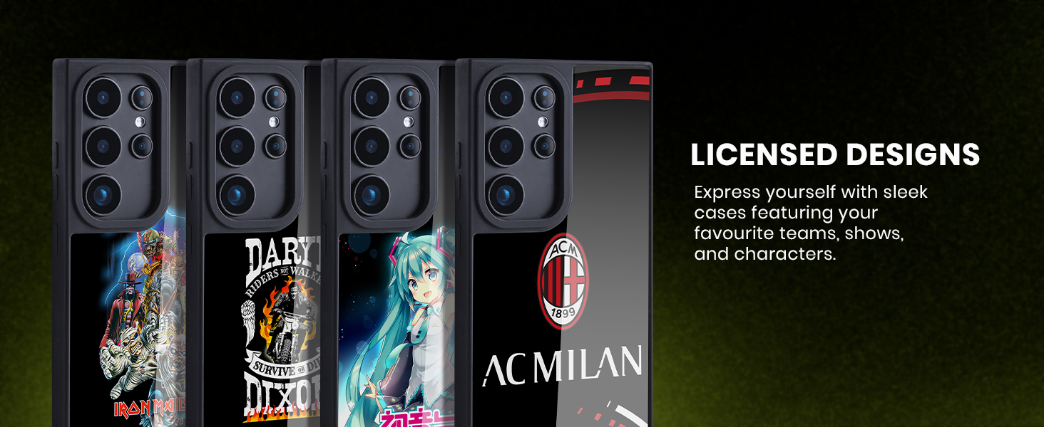 Text reads 'LICENSED DESIGNS' and 'AC MILAN'. Series of sports-themed wall displays or decorative panels showing various designs.