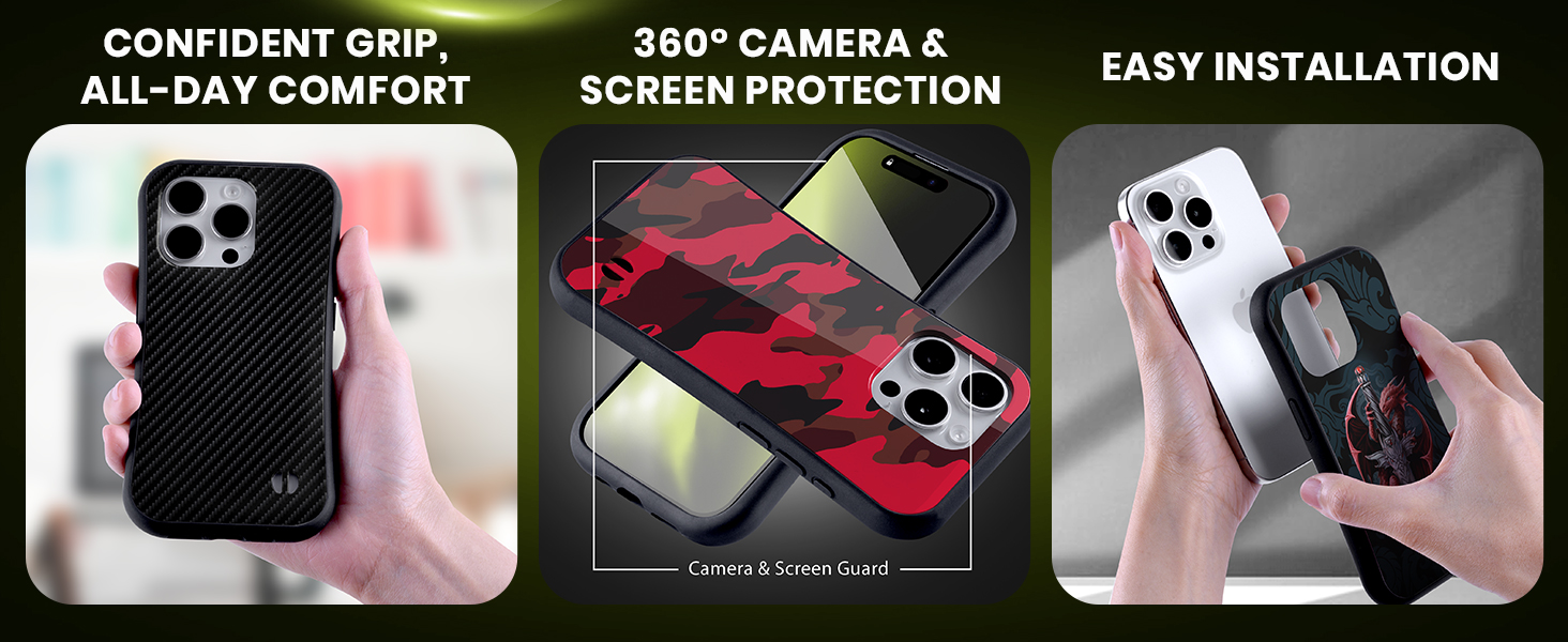 Three-panel product showcase of a smartphone case. Features include textured grip, 360-degree camera and screen protection, and easy installation. Case shown in black and red camouflage designs.