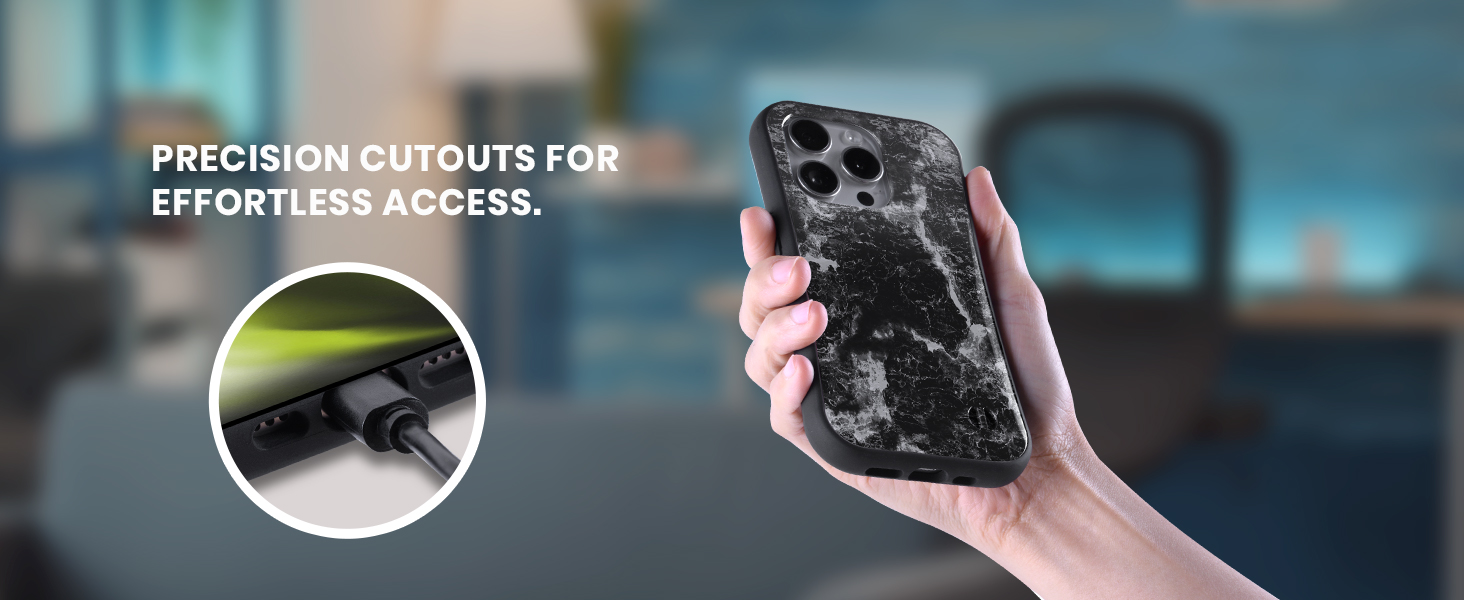 Smartphone case with camouflage pattern held in hand. Inset image shows precision cutouts for ports. Text reads 'Precision cutouts for effortless access.'