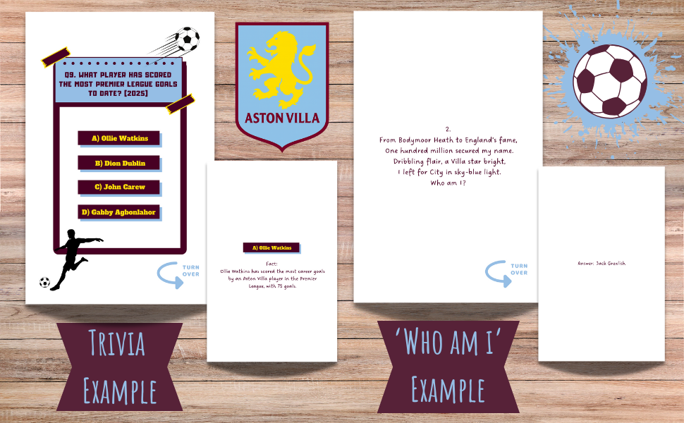 Soccer-themed trivia game cards layout with brick wall background. Shows multiple card designs with question and answer format.