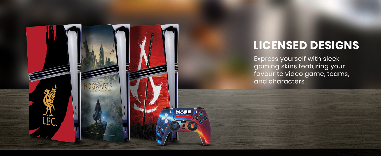 Text reads 'LICENSED DESIGNS'. Dark promotional display showing multiple product cases or covers with red and black color scheme.