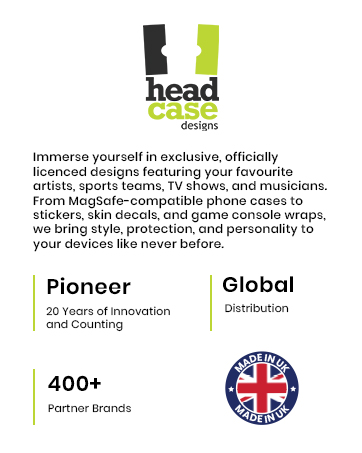 Logo and promotional text for Head Case Designs, offering phone cases and device wraps featuring licensed designs from artists, sports teams, and musicians. Highlights 20+ years of innovation and 400+ partner brands.