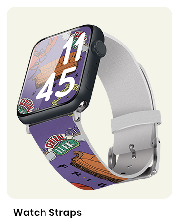 Smartwatch with colorful cartoon-style strap featuring basketball motifs. Square display shows large '45' digits. Gray buckle fastener visible on white band portion.