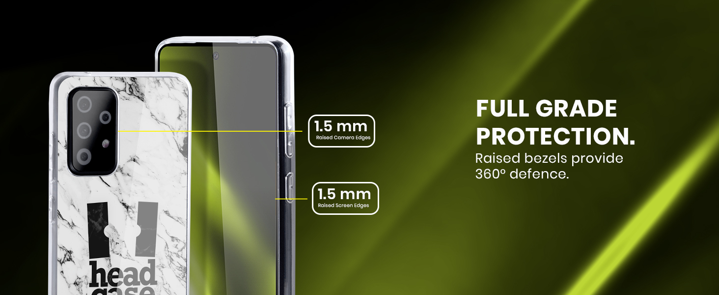 Text reads 'FULL GRADE PROTECTION'. Multiple smartphone cases or protective covers shown with camera lens protection features highlighted.