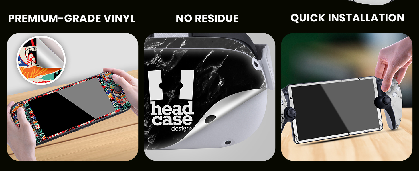 Text reads 'PREMIUM-GRADE VINYL' 'NO RESIDUE' 'QUICK INSTALLATION'. Instructional panels showing steps for vinyl application process with hands demonstrating technique.