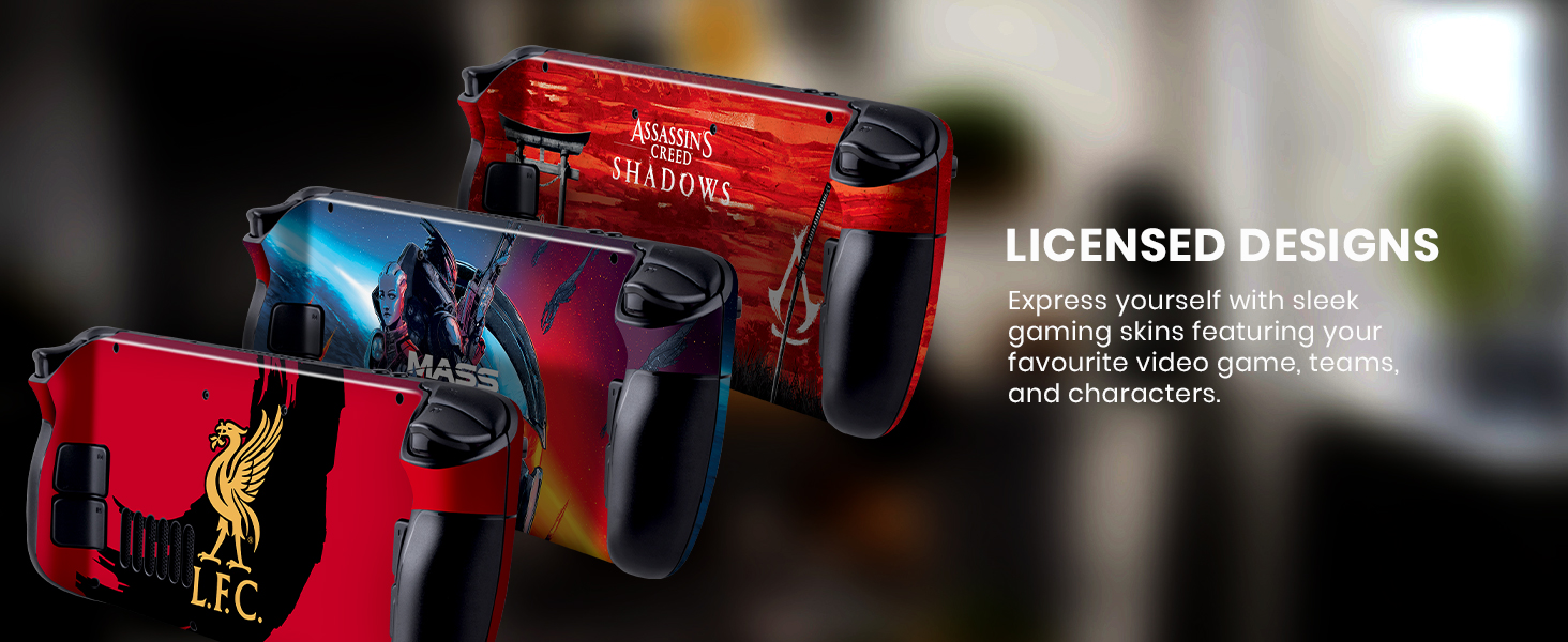 Text reads: 'LICENSED DESIGNS' shown on dark background with red and blue lighting effects creating dramatic product presentation atmosphere.