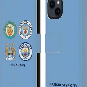 Head Case Designs Officially Licensed Manchester City Man City FC 125 Years Historic Crest Evolution Leather Book Wallet Case Cover Compatible With Apple iPhone 15