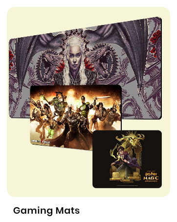 Three gaming mats featuring fantasy artwork. Top mat shows a pale figure with dragons, middle mat displays action characters, bottom mat has a golden creature design.