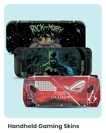 Three handheld gaming device skins featuring different designs: a space-themed cartoon, a dark superhero silhouette, and a red graphic with white symbols. The skins appear to be for Nintendo Switch consoles.
