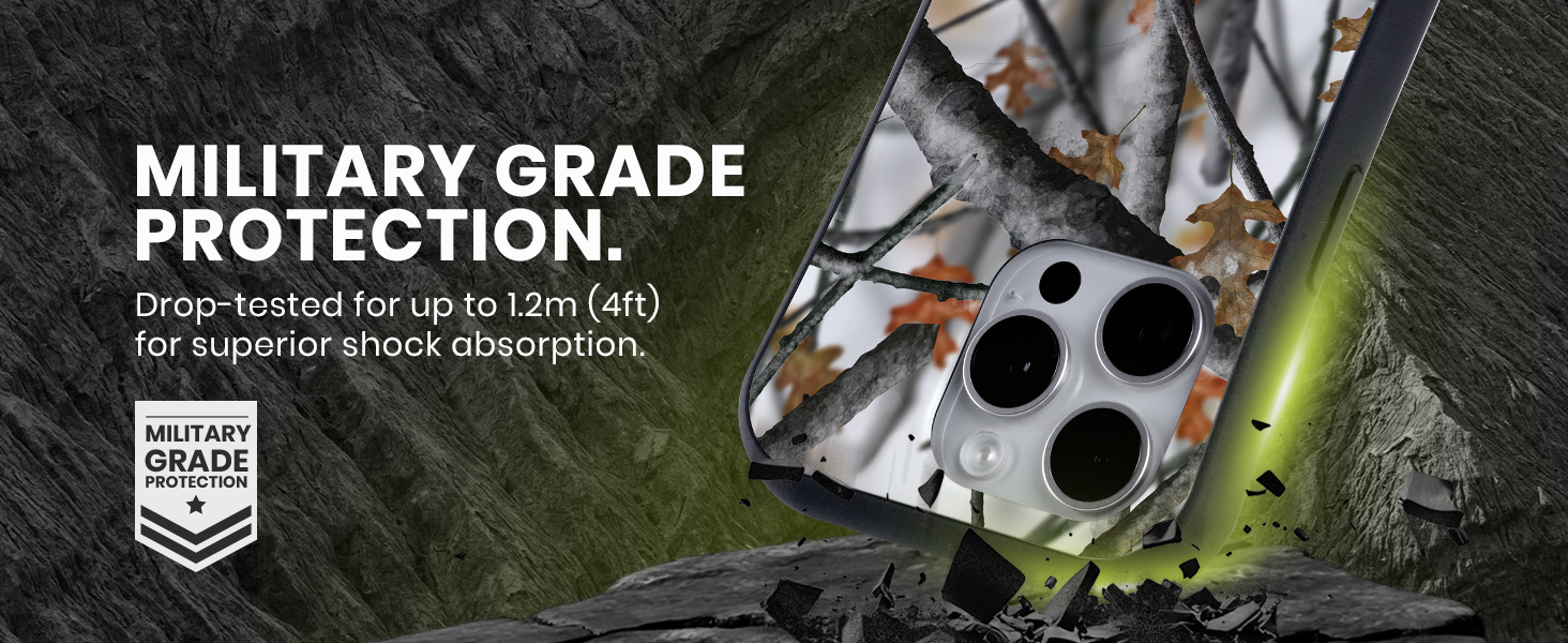 Phone case with military-grade protection, drop-tested for up to 1.2m. Showcased on rocky terrain with camouflage pattern. Features prominent camera cutout for multiple lenses.