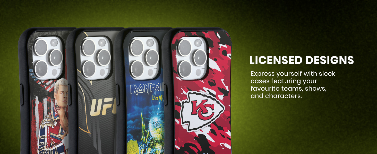 Four smartphone cases with sports team designs, featuring camera cutouts for multiple lenses. Cases display different team logos and graphics on dark backgrounds.