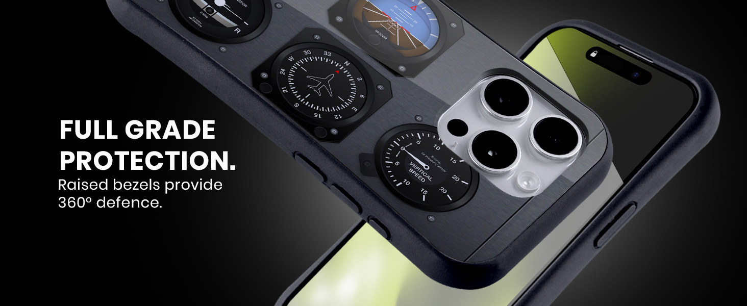 Smartphone case with raised bezels for camera protection. Features analog-style gauges and circular cutouts, offering 360-degree defense. Text highlights 'Full Grade Protection' benefit.