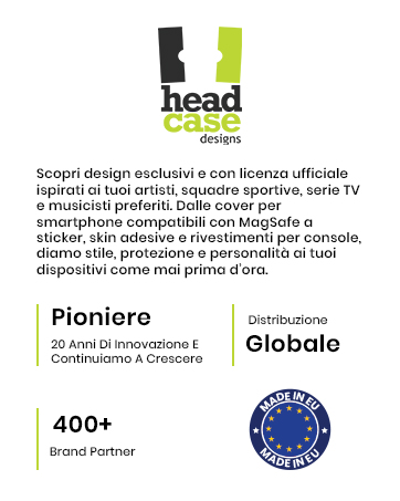 Head Case Designs logo with company information. Text describes exclusive designs for various products, 20 years of innovation, global distribution, 400+ brand partners, and Made in EU certification.