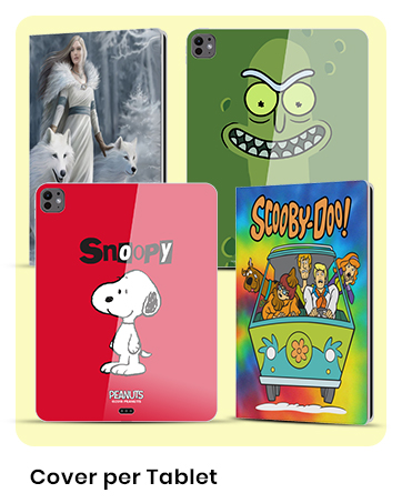 Collection of tablet covers featuring cartoon characters and designs, including Snoopy, Scooby-Doo, and a green monster face.