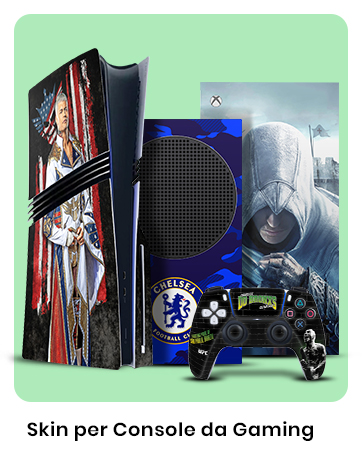 Gaming console skin featuring sports team logos and graphics in blue and black theme, with controller accessories visible.