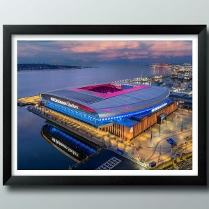 Everton Gifts, Hill Dickinson Stadium, Bramley Moore Dock Framed Print. Football Club Memorabilia, The Toffees Wall Art, River Mersey, Merseyside, Poster. (43cm x 33cm, Black)
